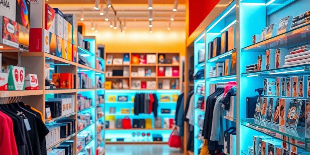 Diverse products on shelves, glowing personalized recommendations.