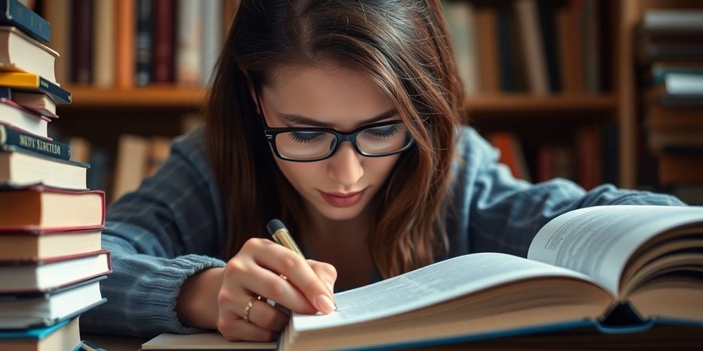 Researcher surrounded by books and notes, focused on work.