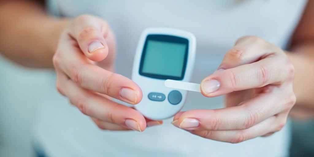 A person's hands holding a glucose meter.