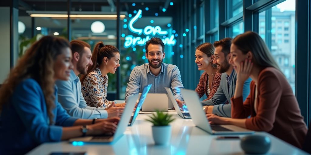 Grupo colaborando com tecnologia Grupo colaborando com tecnologia e inteligência artificial.