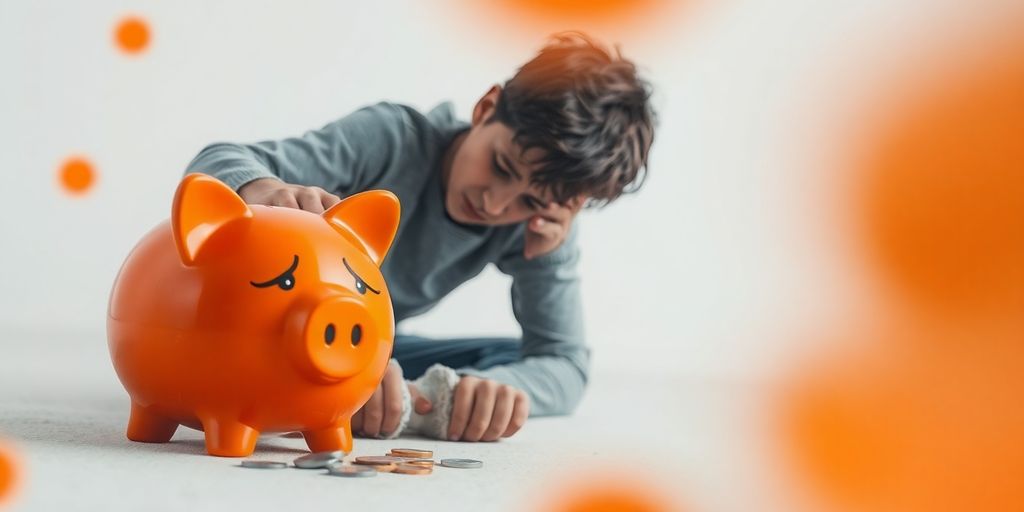 Orange piggy bank, scattered coins, distressed person
