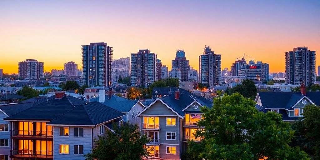Urban skyline, diverse housing.