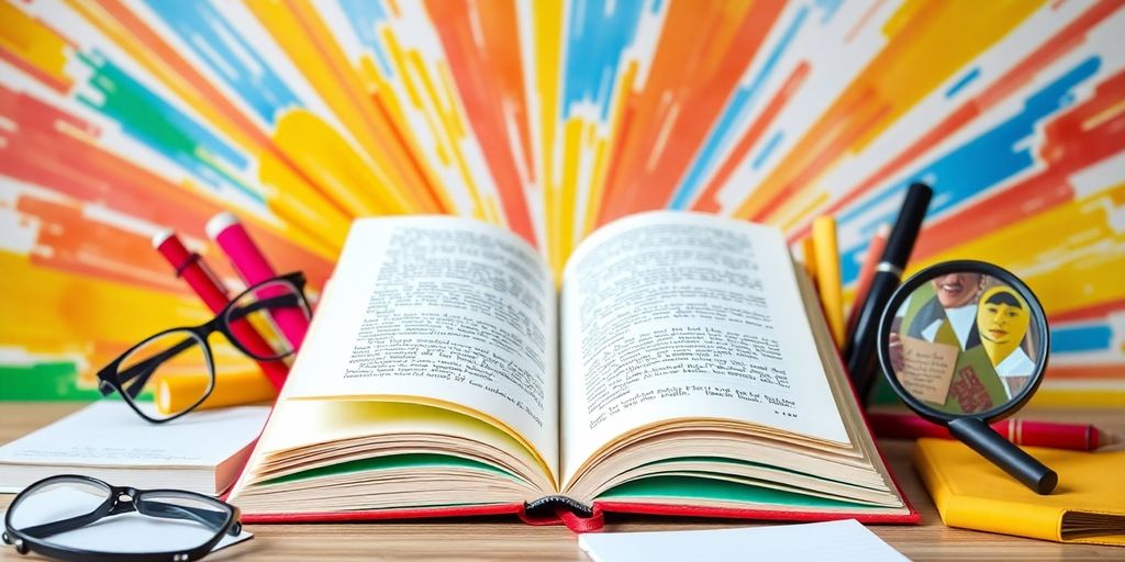 Open book with learning tools on a bright background.