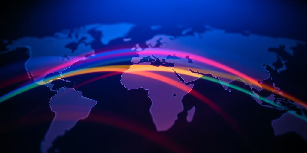World map with abstract overlapping lines, bright colors.