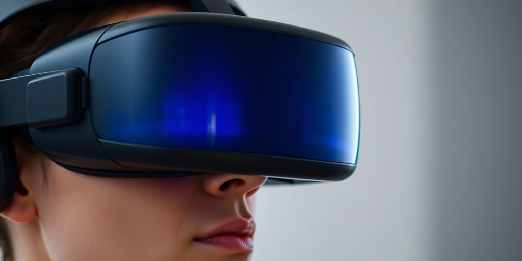 Person wearing sleek VR headset, futuristic interface.