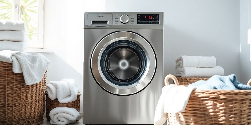 Moderne Waschmaschine in heller Waschküche.