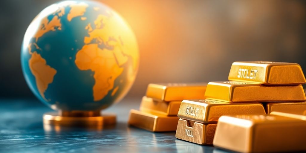 Des barres d'or et un globe sur un fond neutre.