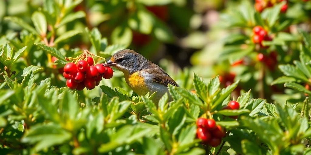 Vogel pickt Beeren von Bodendeckerpflanze.