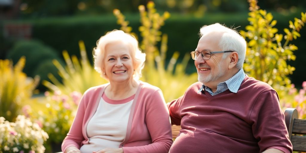 Elderly couple smiling in a sunlit garden.