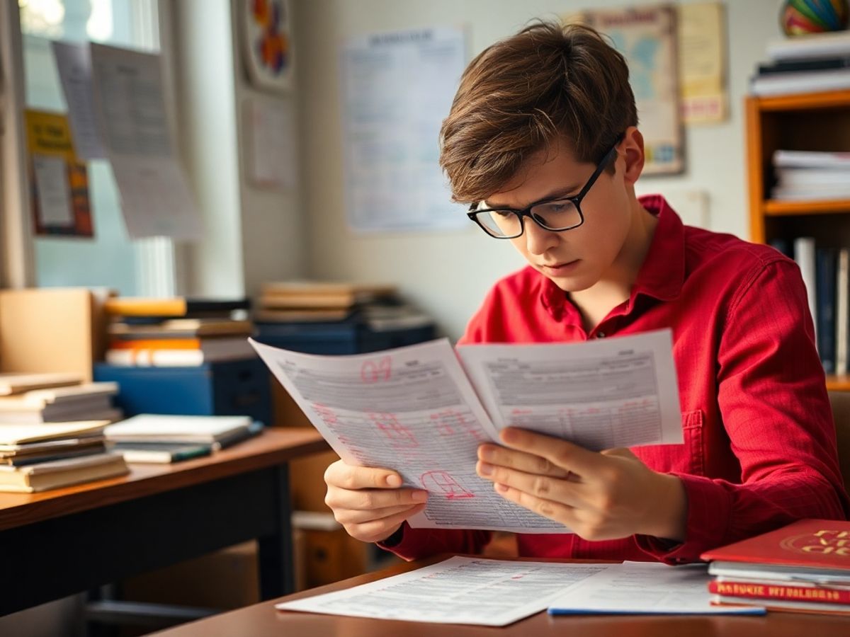 Student reviewing mistakes from test papers at a desk.