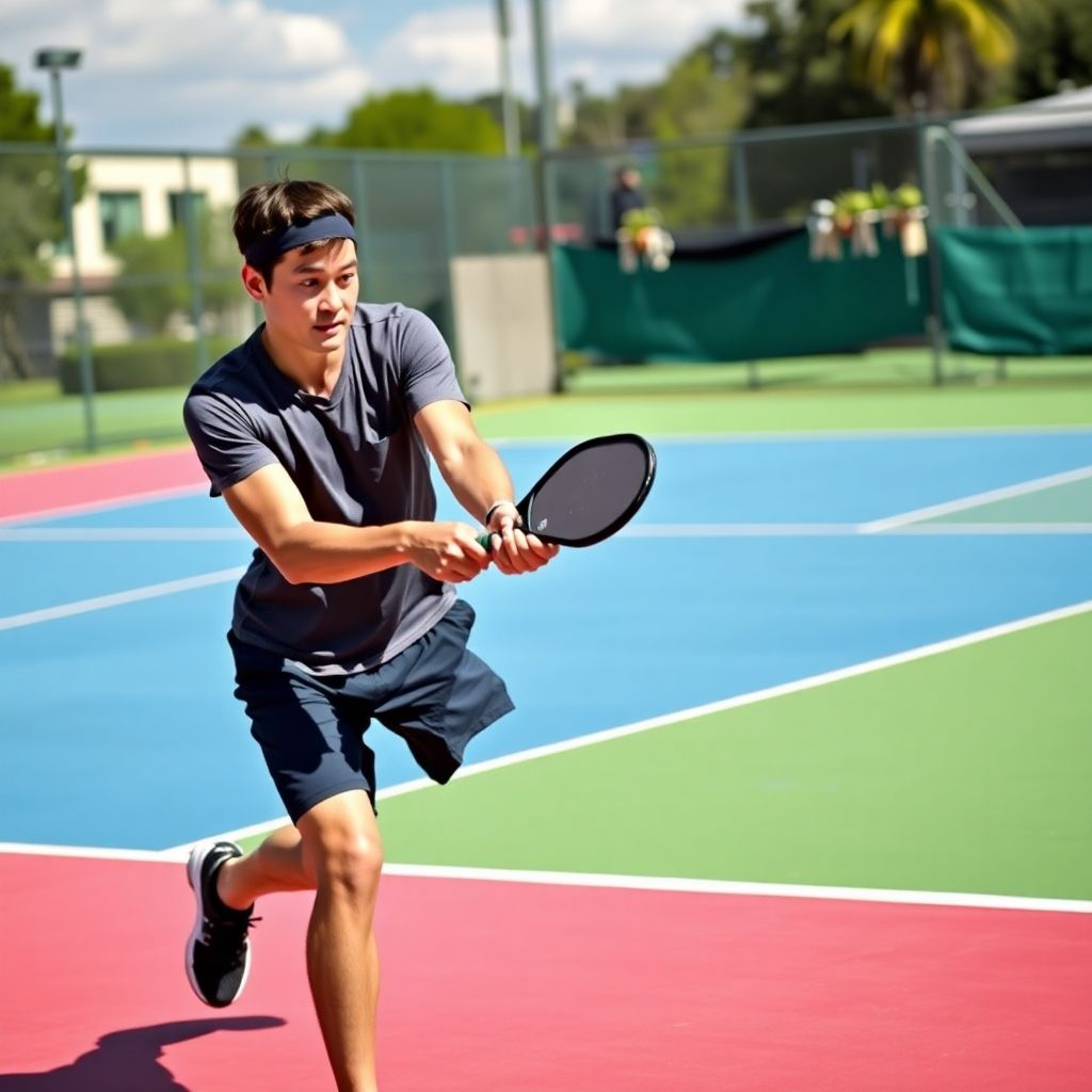 Pickleball player hitting a forehand shot on the court.