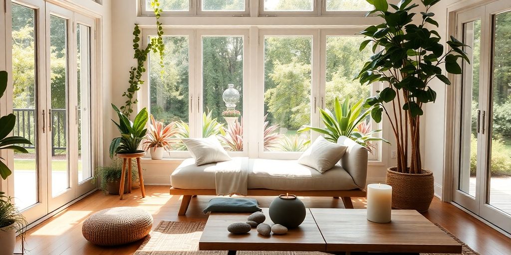 Sunlit relaxation room with indoor plants, chaise lounge, wooden table