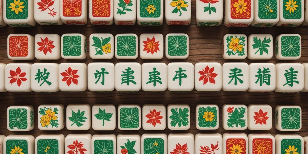 Colorful Mahjong season tiles on wooden table