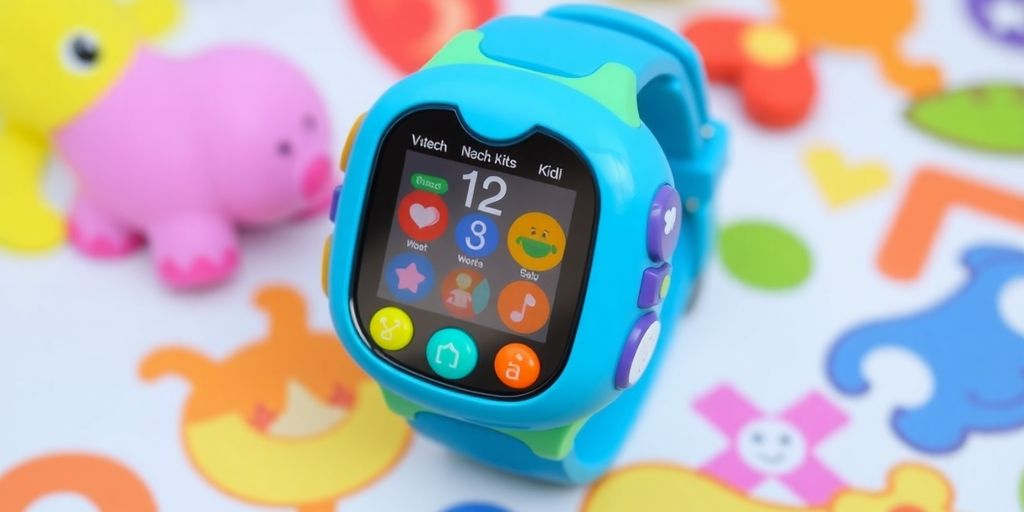 Colorful VTech smartwatch for kids on a playful background.