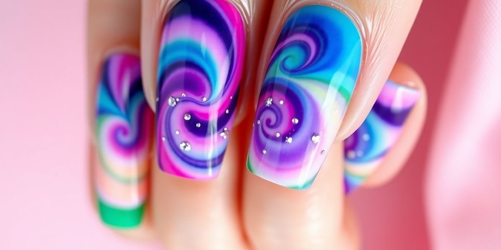 Mãos com unhas tie-dye vibrantes, brilhantes e com glitter cintilante.