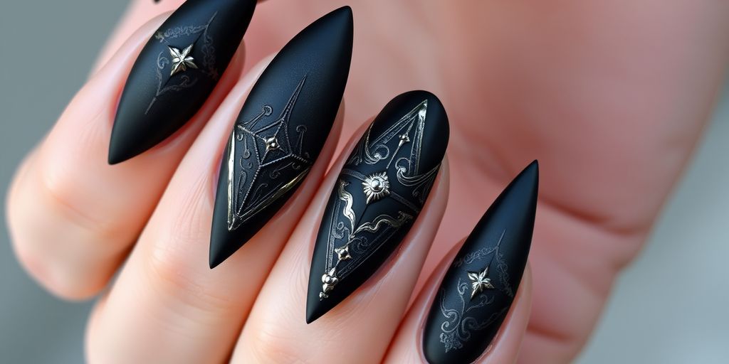 Hand with dark, edgy gothic nail art