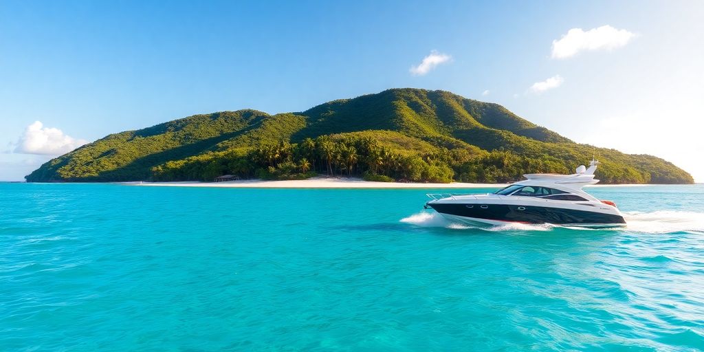 Private boat anchored near a Caribbean island beach
