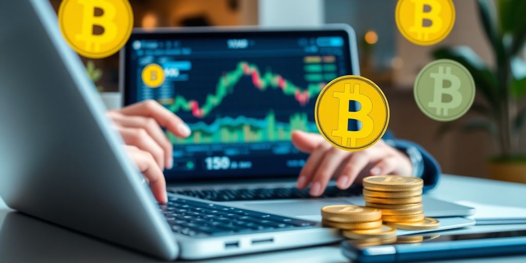 Person analyzing crypto data on a laptop with currency icons.