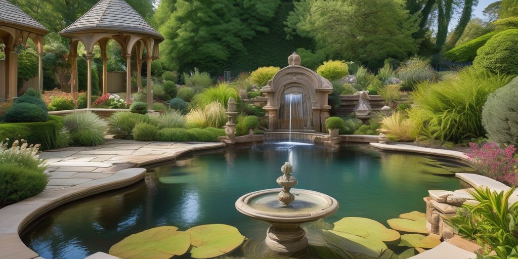 beautiful garden with architectural elements and water features