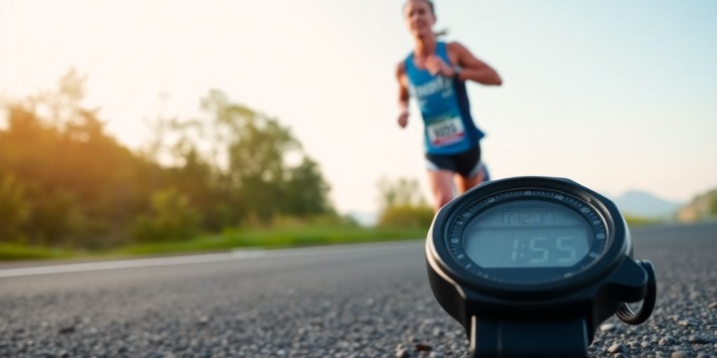 Runner on a marathon course with a stopwatch.