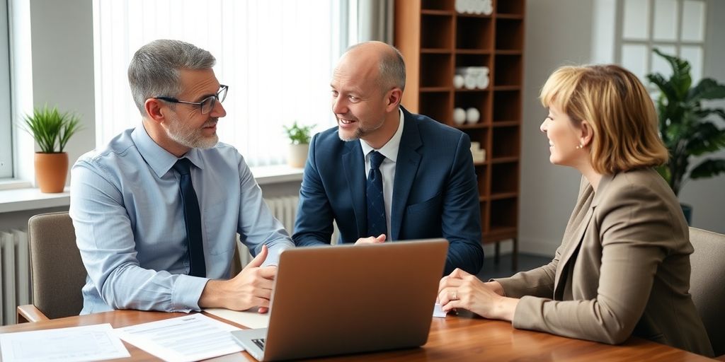 Head injury solicitor consulting with a client in office.