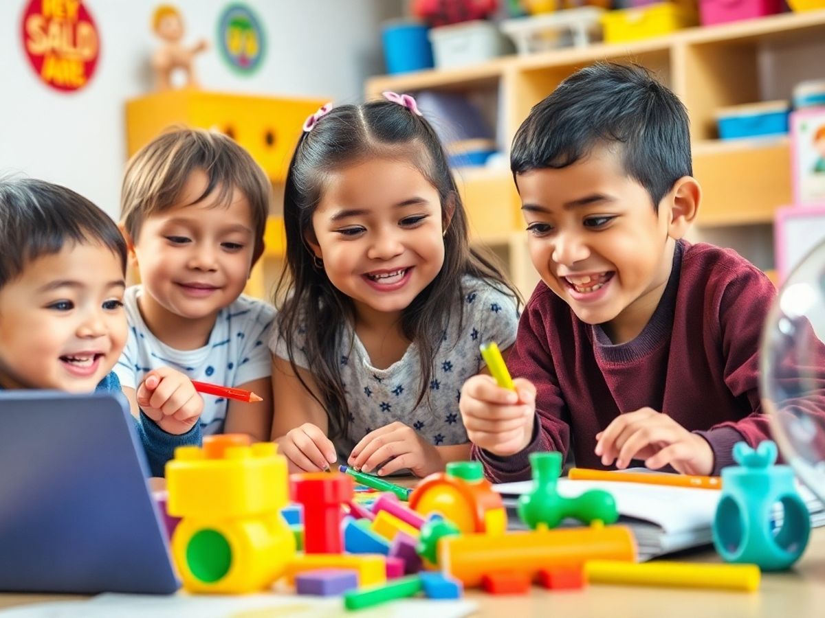 Copii jucându-se și învățând cu entuziasm.