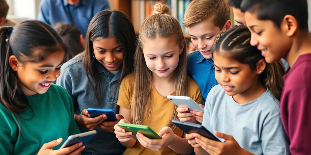 Students using technology together, focusing on privacy and safety.