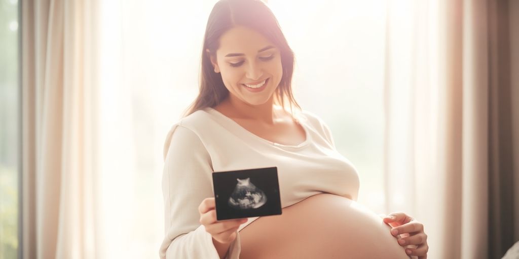 Expectant mother holding sonogram in serene environment.