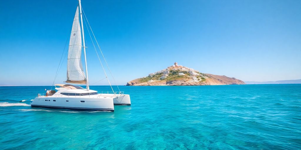 Catamaran sailing in the Aegean Sea near Greek islands.
