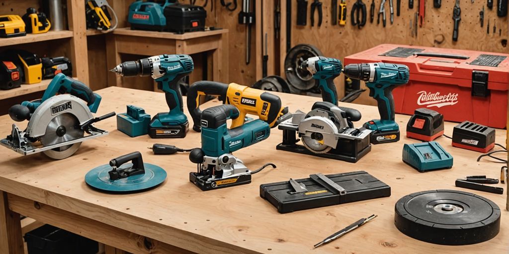 Assorted power tools on a workbench.