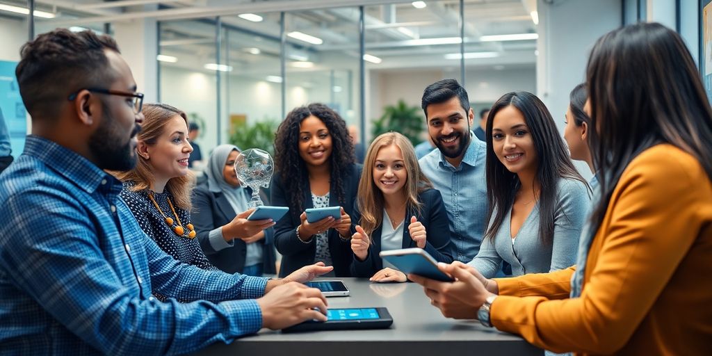 Diverse professionals collaborating on artificial intelligence concepts.
