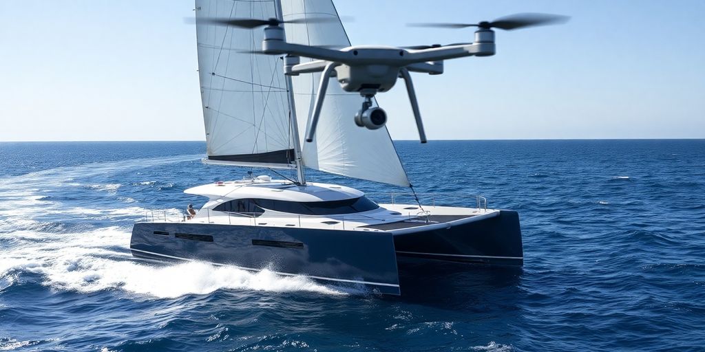 Catamaran naviguant près d'un drone en vol.