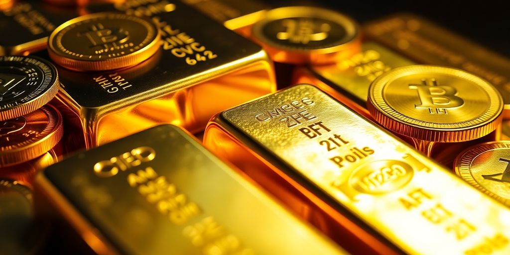 Lingots et pièces d'or brillants sur fond sombre.