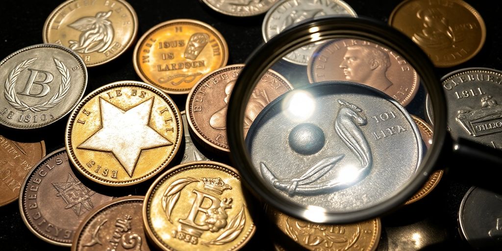 Close-up of old coins with a magnifying glass.
