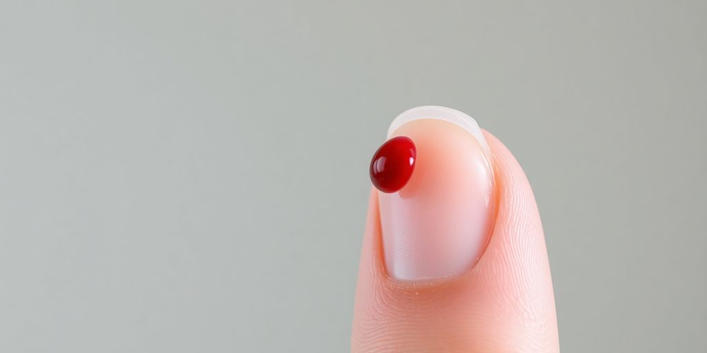 Blood drop on finger, blood sugar test.