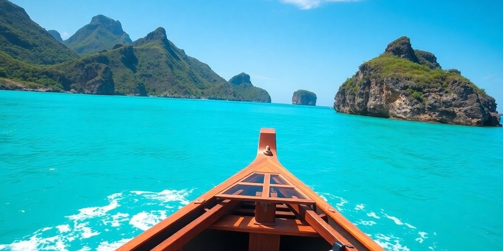 Traditional wooden boat sailing turquoise waters near Komodo Island.