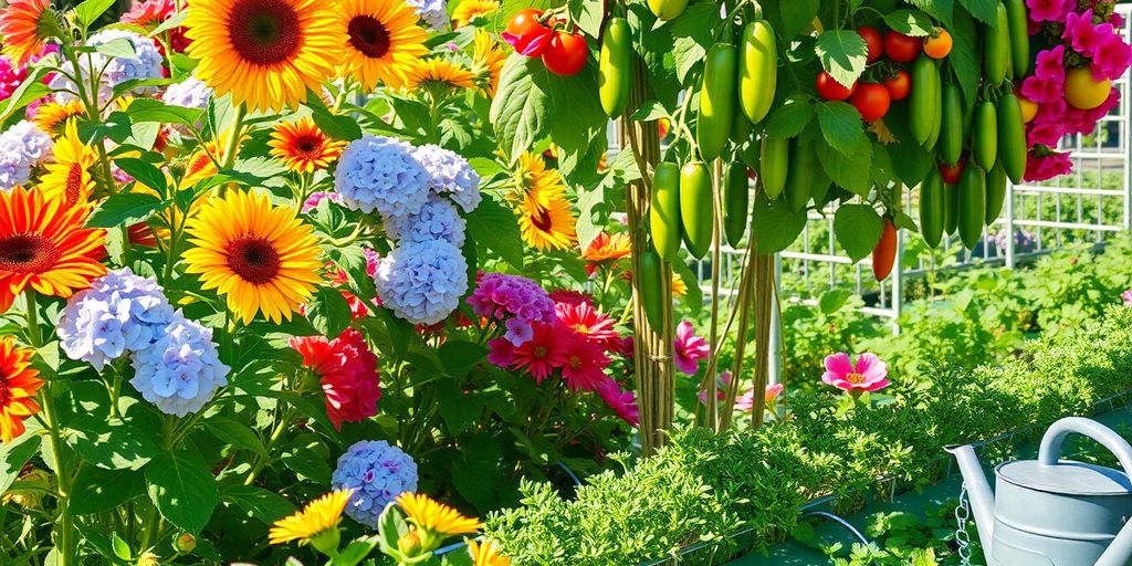 Gartenarbeit im Sommer, blühende Blumen, frisches Gemüse.
