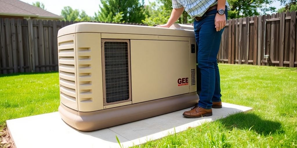 Man checks a home backup generator in his yard.