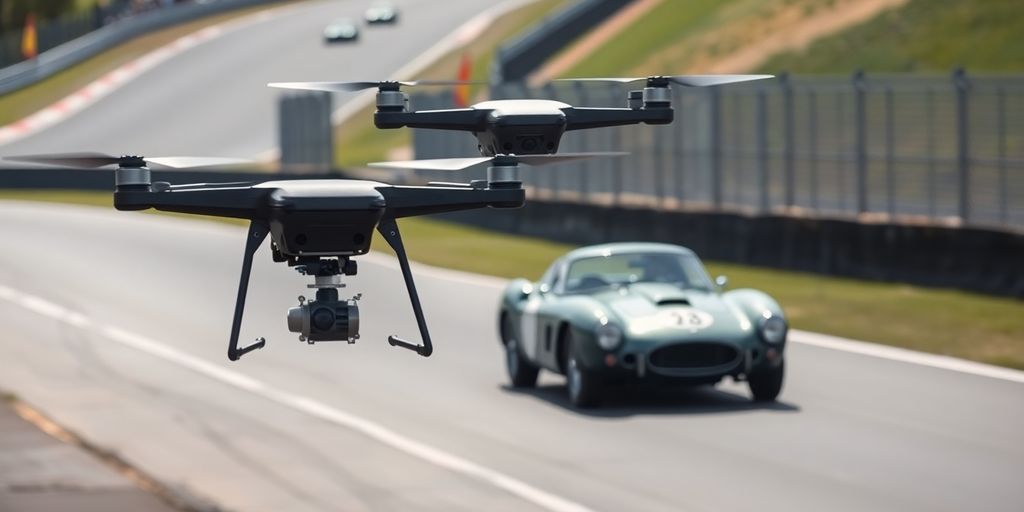 Drone survolant des voitures de course anciennes au Mans.