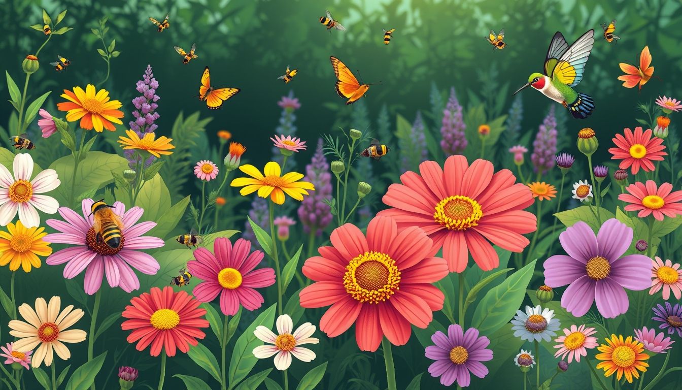 Colorful garden with flowers, bees, butterflies, and a hummingbird.