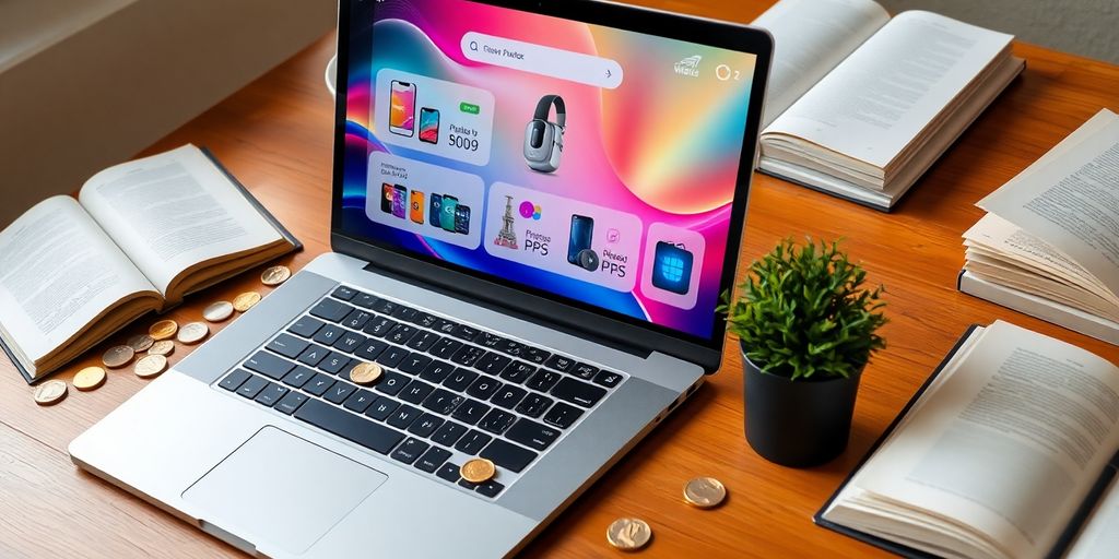 Laptop, coins, digital designs, open book, green plant.