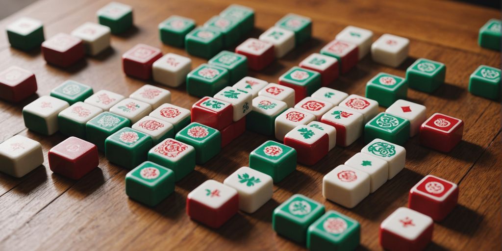 Mahjong tiles set displayed on a wooden surface.