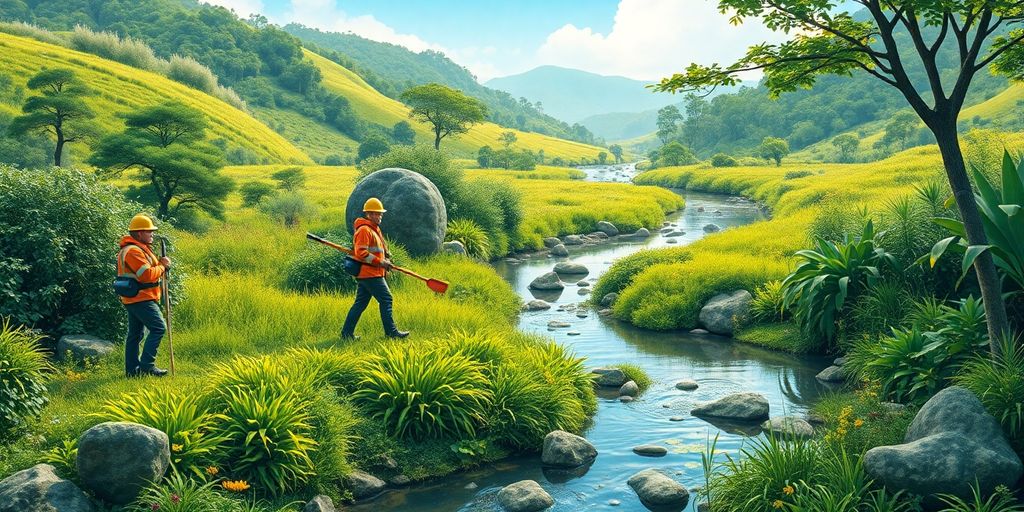Engenheiros ambientais trabalhando na conservação da natureza.