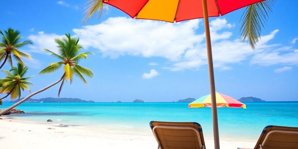 Tropical beach with clear blue water and palm trees.