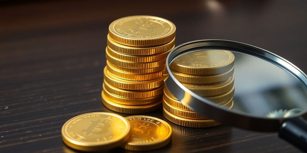Pièces d'or empilées et loupe sur un bureau en bois