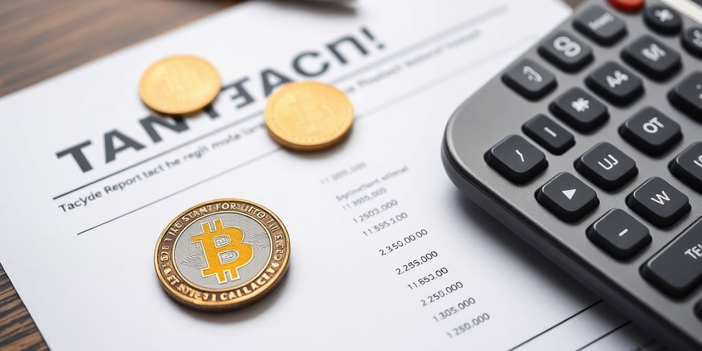 Calculator and coins for crypto tax reporting.