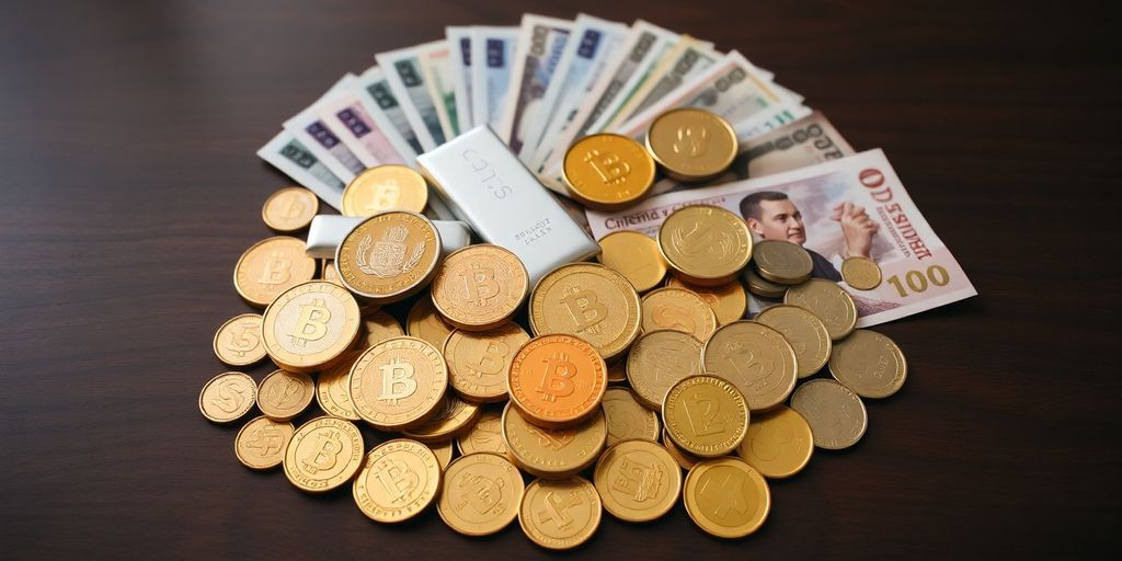 Un assortiment de pièces d'or et billets de banque.