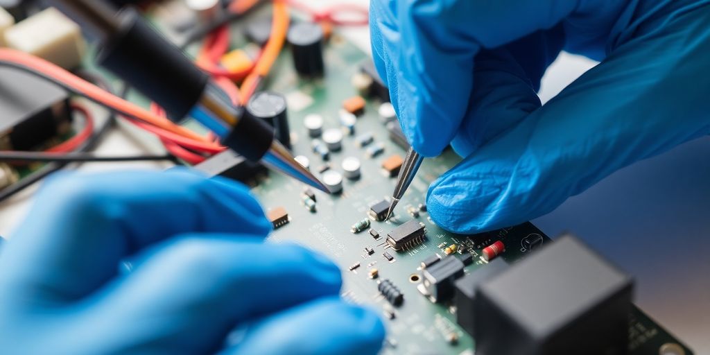 Technician working on circuit board.