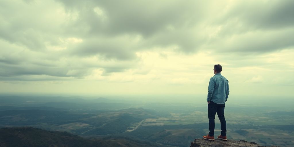 Person at cliff's edge overlooking a vast landscape.
