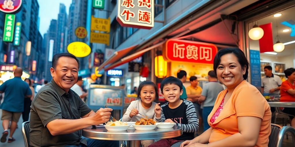 A family enjoying a meal at a street food stall.
